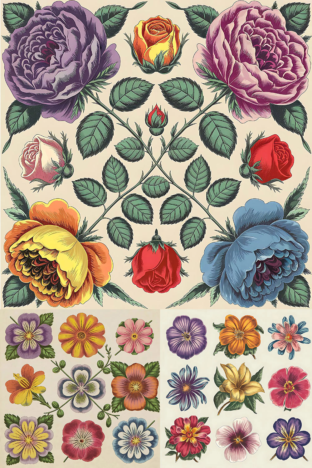 20+ Vintage hand-drawn florals botanicals grid on beige pinterest preview image.