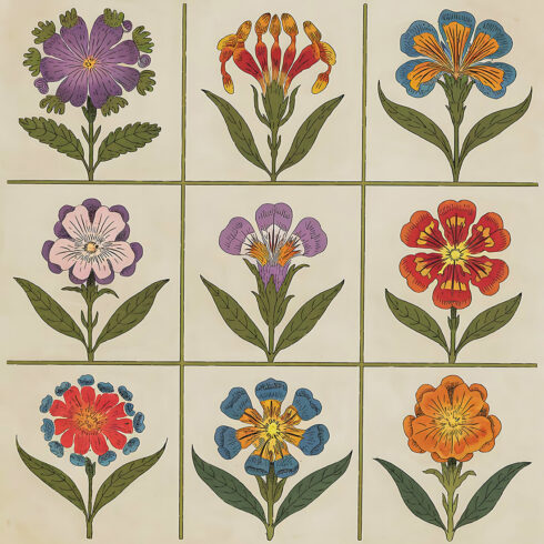 50 Vintage hand-drawn florals botanicals grid cover image.