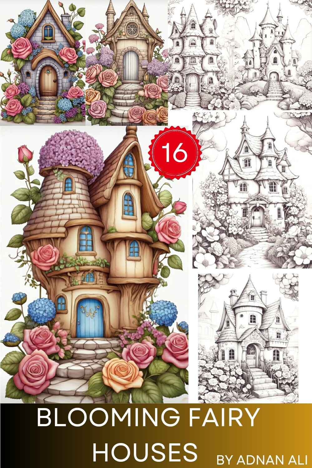 16 Blooming fairy house coloring pages for adults and kids, coloring book, pinterest preview image.