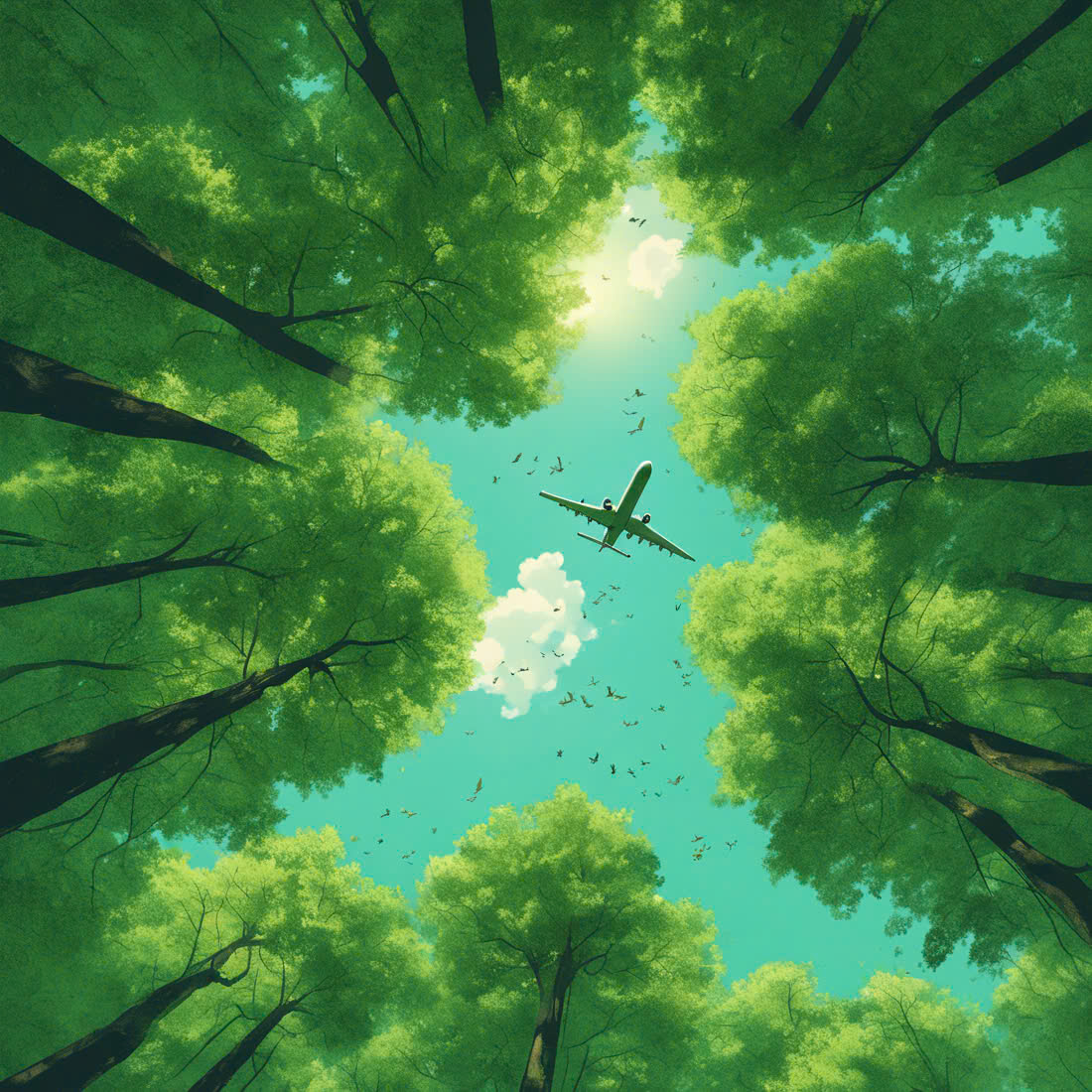 Over the Emerald Sea: A Plane Glides Above an Endless Green Forest preview image.