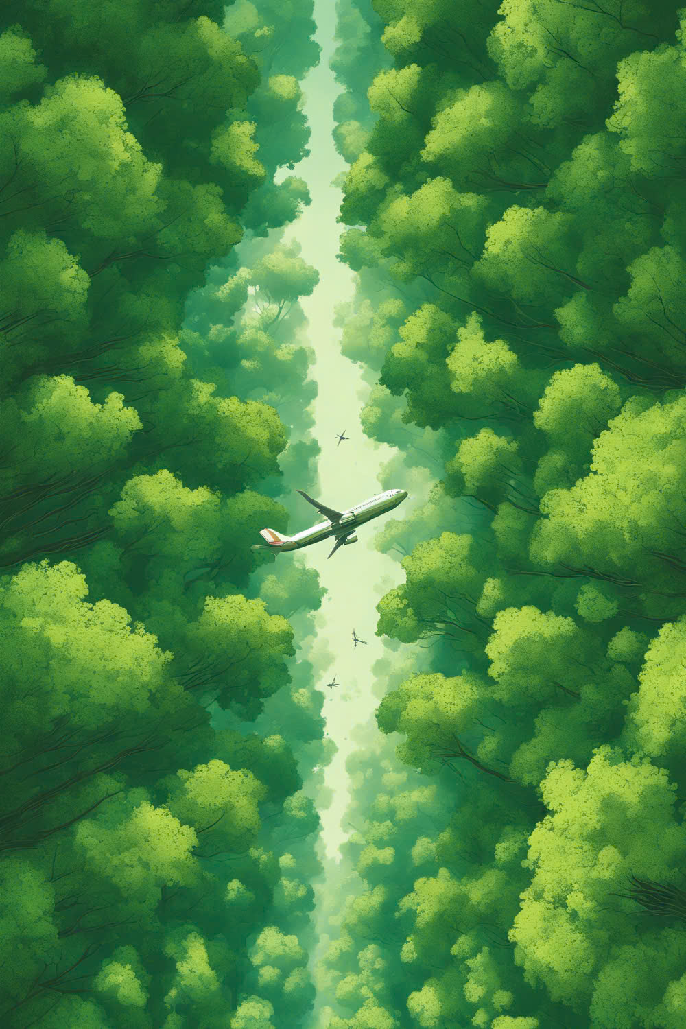 Over the Emerald Sea: A Plane Glides Above an Endless Green Forest pinterest preview image.