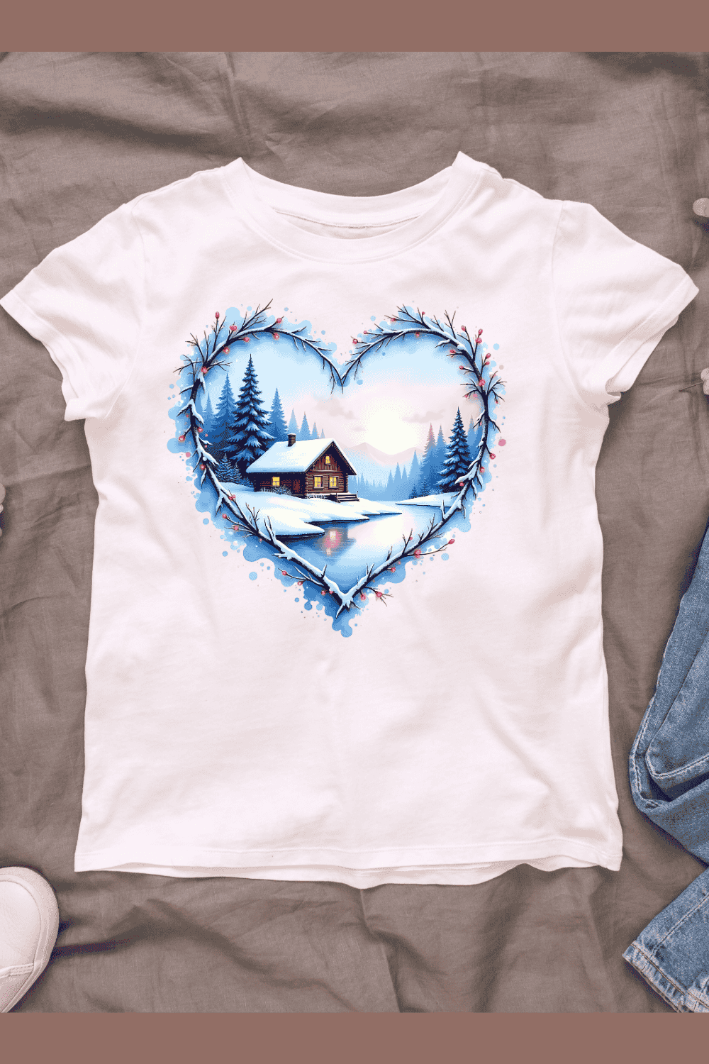 Watercolor Winter Cottage in Heart Shaped Frame T-Shirt Design Bundle pinterest preview image.