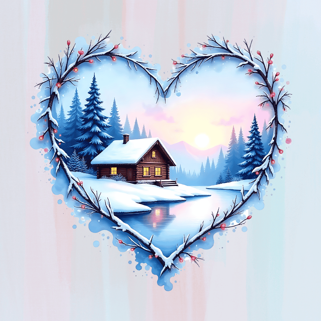 Watercolor Winter Cottage in Heart Shaped Frame T-Shirt Design Bundle preview image.