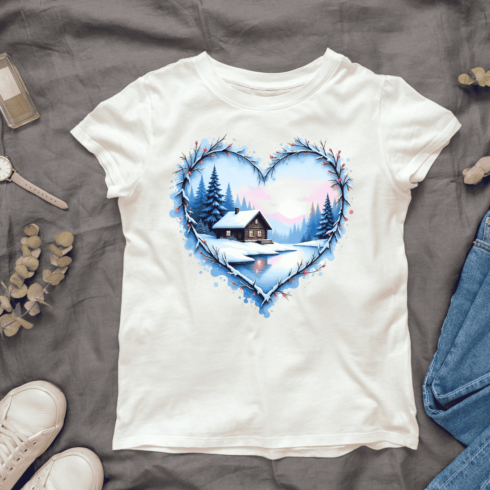 Watercolor Winter Cottage in Heart Shaped Frame T-Shirt Design Bundle cover image.