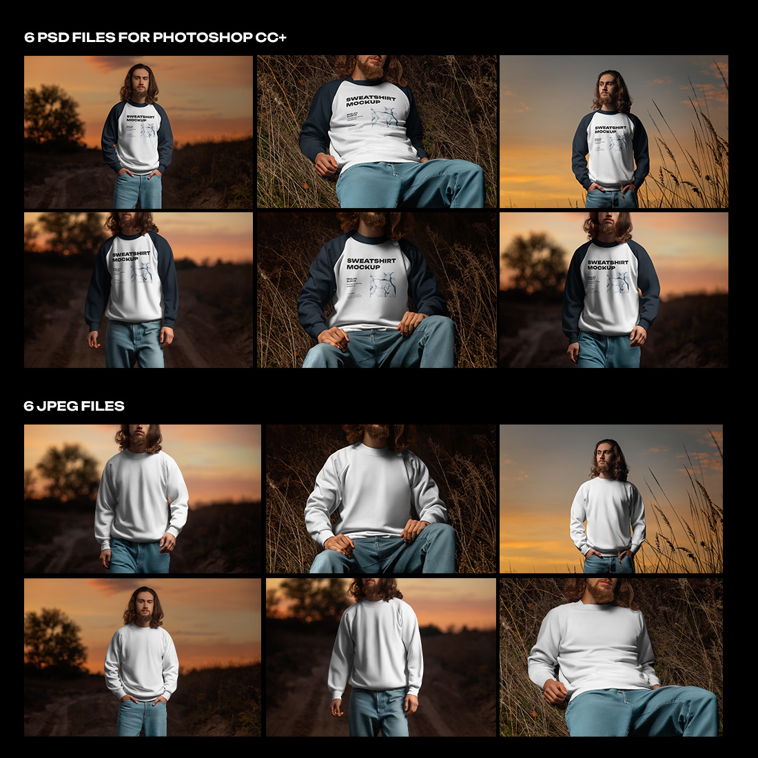 6 Mockups of Men's Raglan Sleeve Sweatshirt on the Sunset Outdoor preview image.