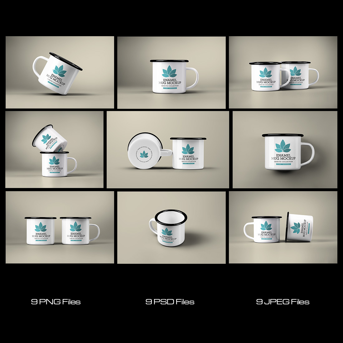 9 Mockups of Enamel Metal Mug with Black Rim preview image.