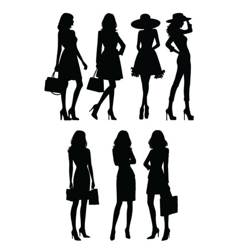 Set Silhouettes of business Women's walking, office girl and women full length front, back view Vector illustration isolated black background, women's day, people, marketing, designing, technology cover image.