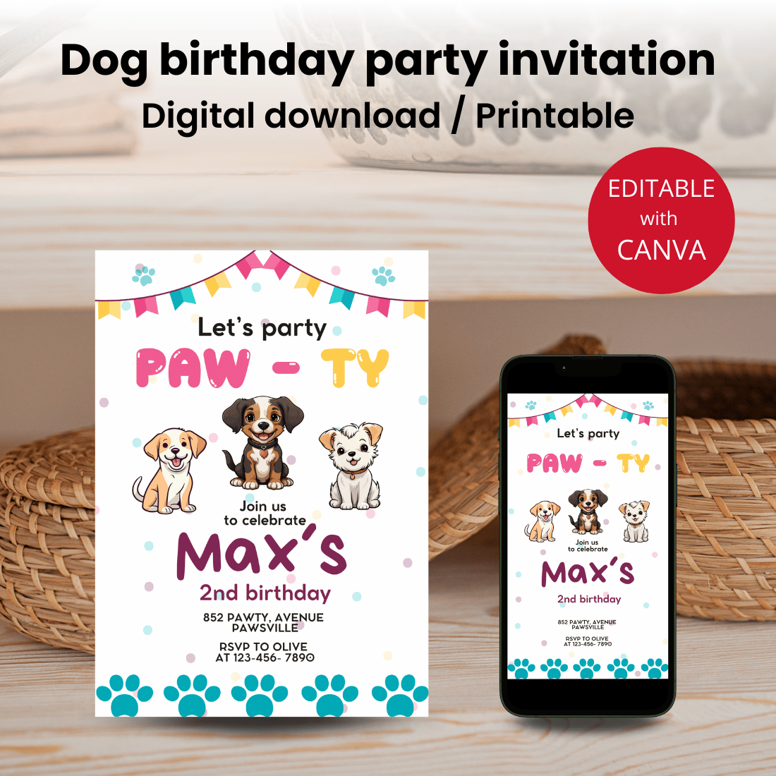 Dog birthday party invitation CANVA Template cover image.