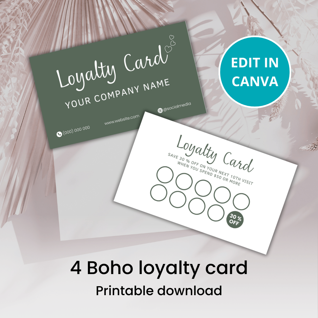 Boho loyalty card Canva template cover image.