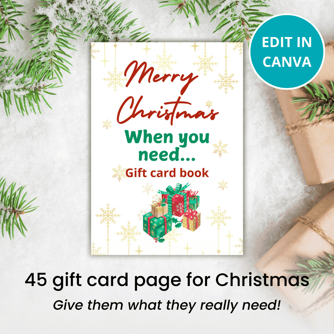 Christmas gift card book Canva template cover image.