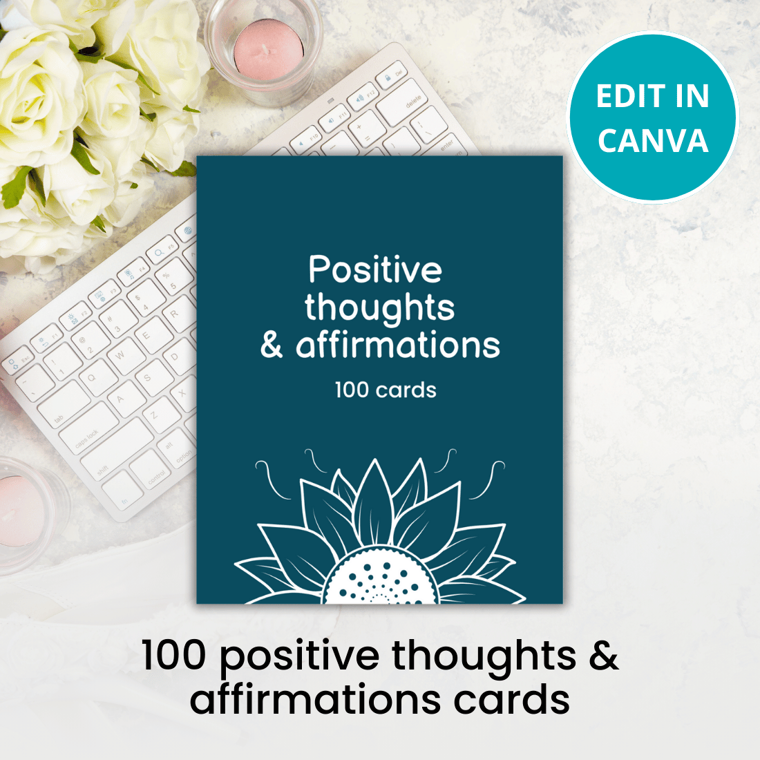 100 positive thoughts & affirmations cards Canva template cover image.