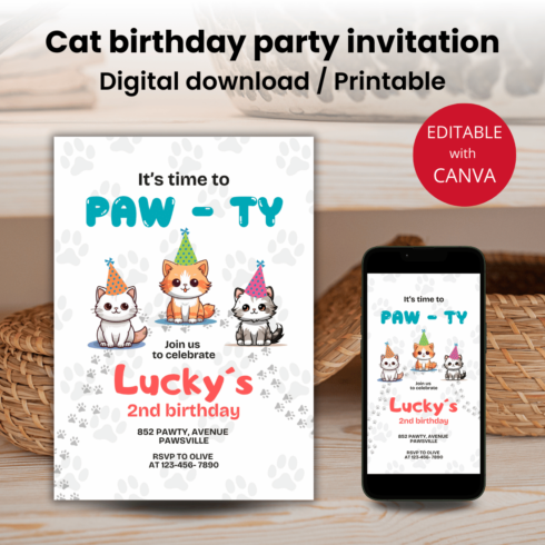 Cat birthday party invitation Canva template cover image.