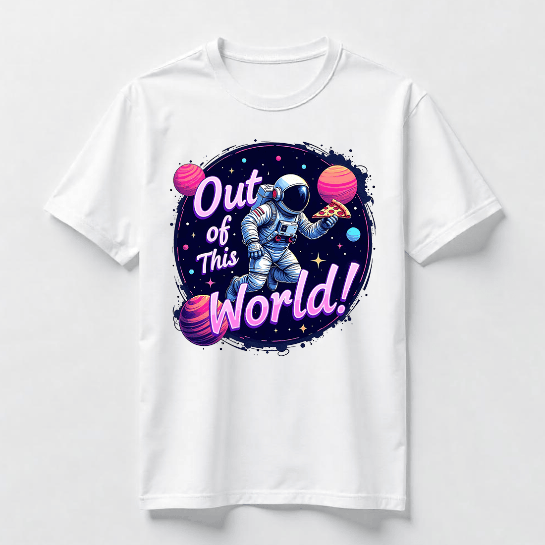 Watercolor Out of This World Text With Pizza T-Shirt Design Bundle cover image.