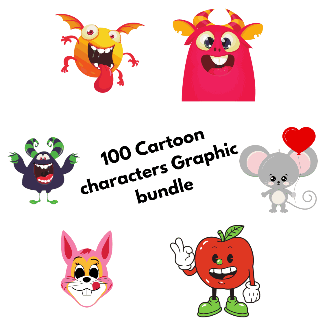 100 Cartoon Character Graphic bundle cover image.