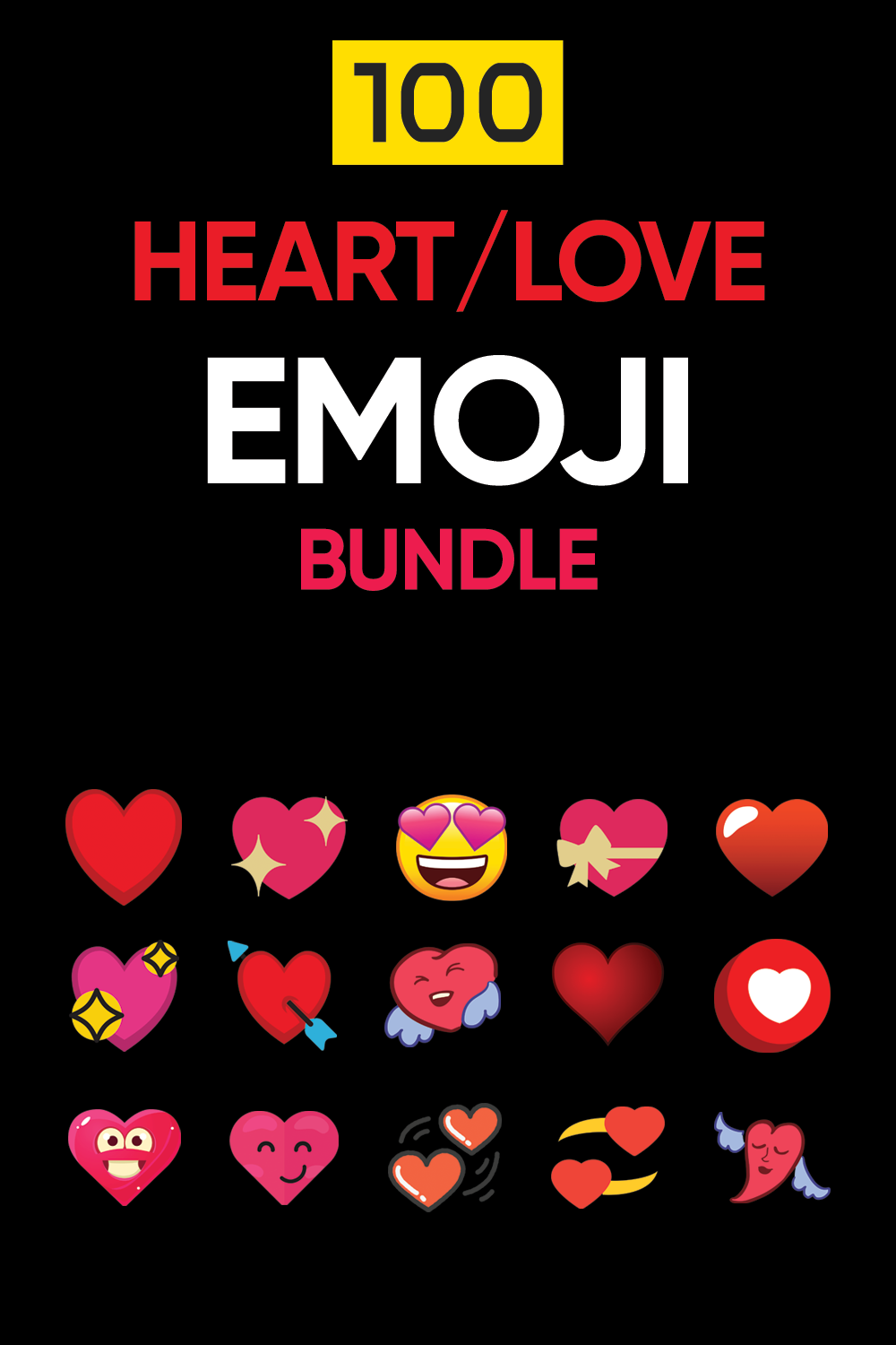 100 Heart Emoji Graphics Pack – Cute, Colorful & High-Quality Designs for Social Media, Valentine's Day, & Digital Projects pinterest preview image.