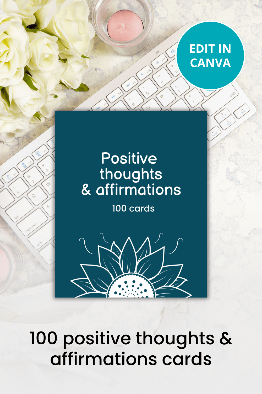 100 positive thoughts & affirmations cards Canva template pinterest preview image.