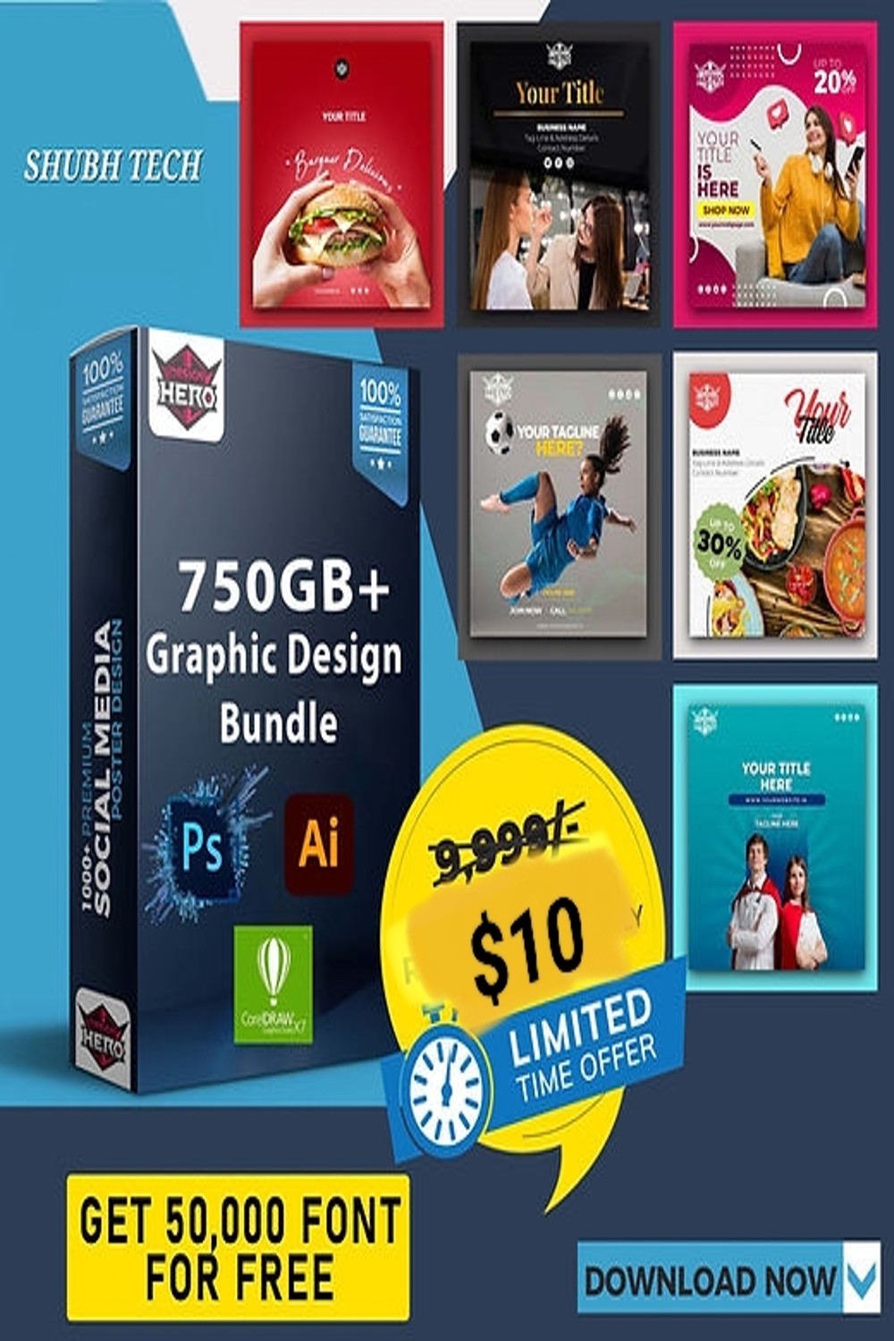 750 GB+ Graphic Design Bundle mega Graphics design Bundle Free pinterest preview image.