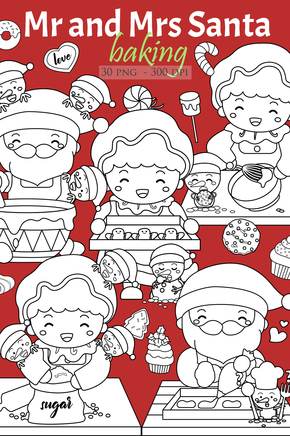 Happy Holiday Christmas Season Santa Claus Snowman Character Baking Cooking with Family Christmas Costume Gingerbread Cookies Candy Cake Cartoon Digital Stamp Outline pinterest preview image.