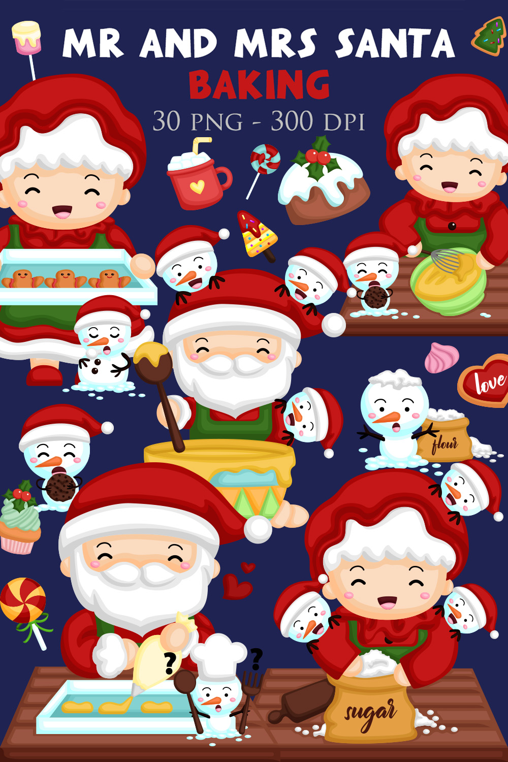 Happy Holiday Christmas Season Santa Claus Snowman Character Baking Cooking with Family Christmas Costume Gingerbread Cookies Candy Cake Cartoon Illustration Vector Clipart Sticker Decoration Background Accessories Ornaments pinterest preview image.