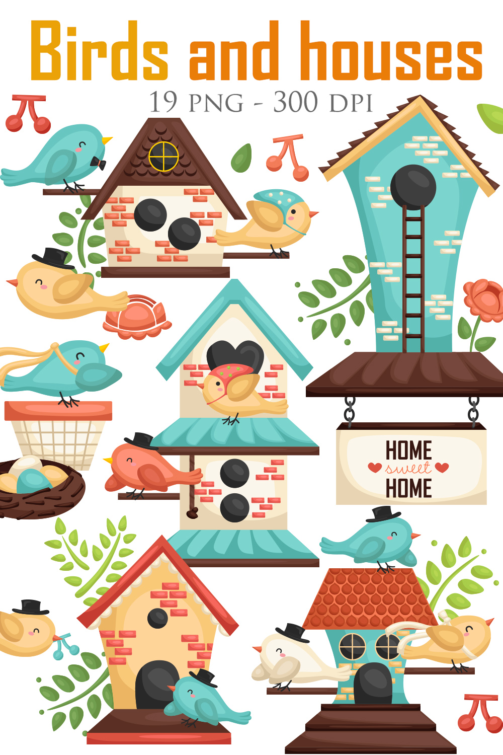 Cute Colorful Animal Bird House Park Garden Outdoor Wooden Design Cartoon Illustration Vector Clipart Sticker Decoration Accessories Ornaments pinterest preview image.