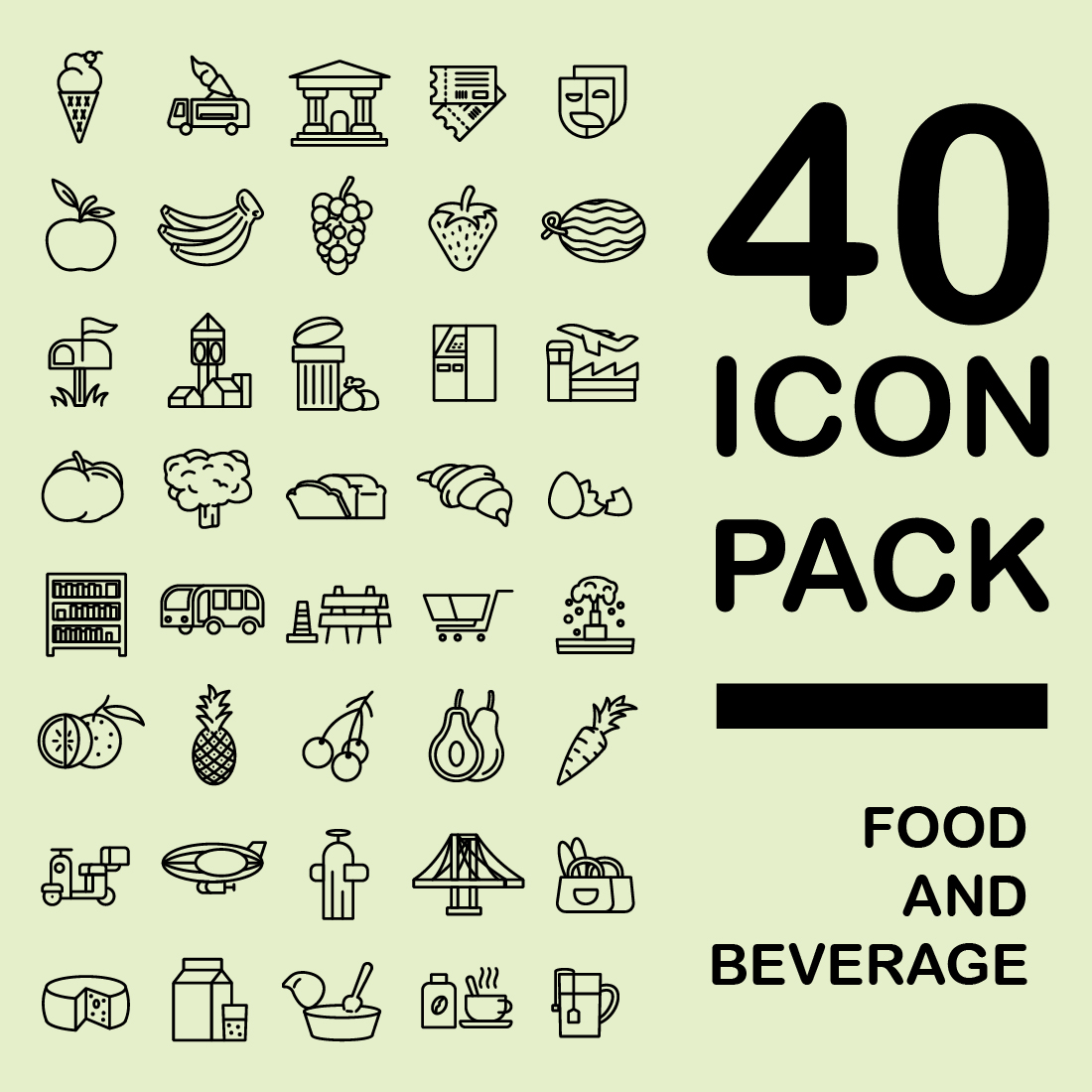 Food And Beverage 40 Icon Pack preview image.