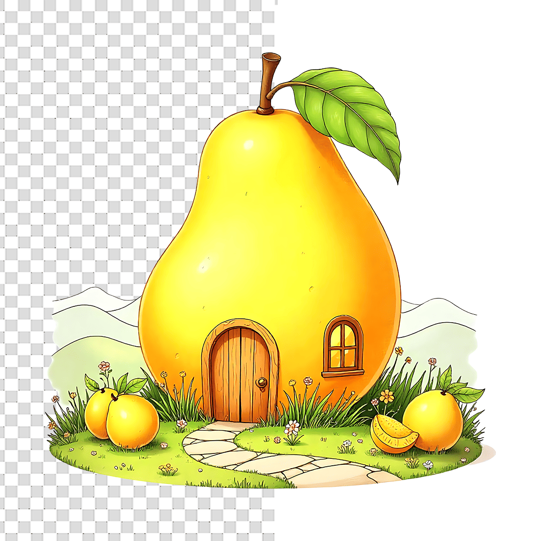 Watercolor Funny Pear House with Door and Window T-Shirt Design Bundle preview image.