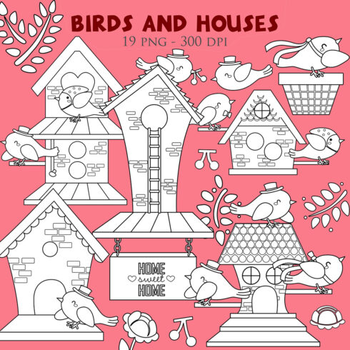 Cute Colorful Animal Bird House Park Garden Outdoor Wooden Design Cartoon Digital Stamp Outline cover image.