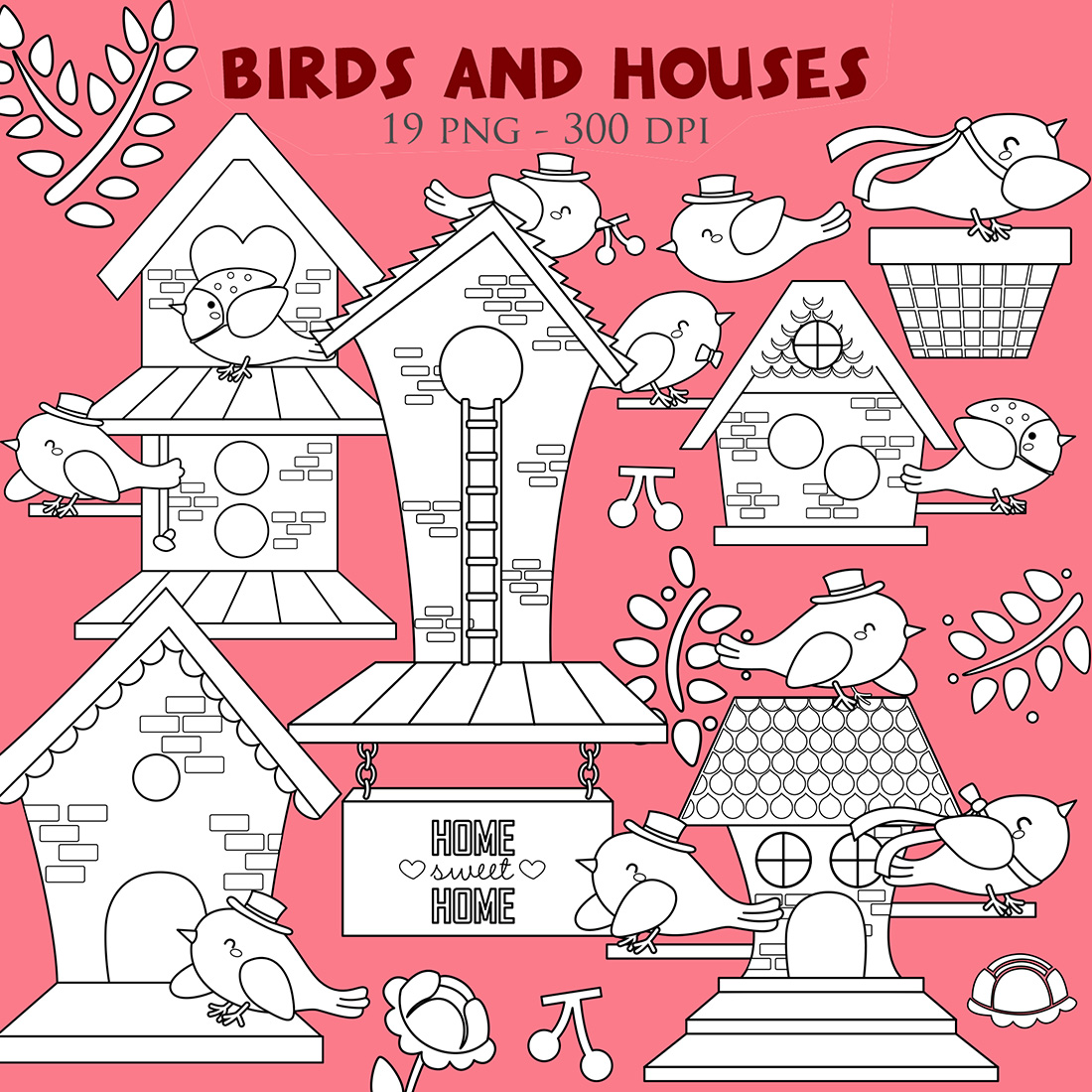 Cute Colorful Animal Bird House Park Garden Outdoor Wooden Design Cartoon Digital Stamp Outline cover image.