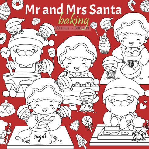 Happy Holiday Christmas Season Santa Claus Snowman Character Baking Cooking with Family Christmas Costume Gingerbread Cookies Candy Cake Cartoon Digital Stamp Outline cover image.