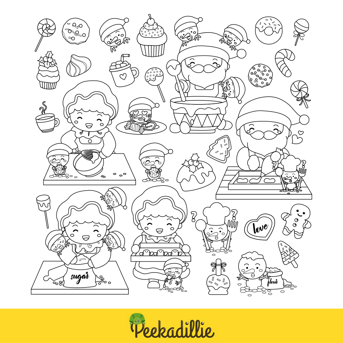 Happy Holiday Christmas Season Santa Claus Snowman Character Baking Cooking with Family Christmas Costume Gingerbread Cookies Candy Cake Cartoon Digital Stamp Outline preview image.