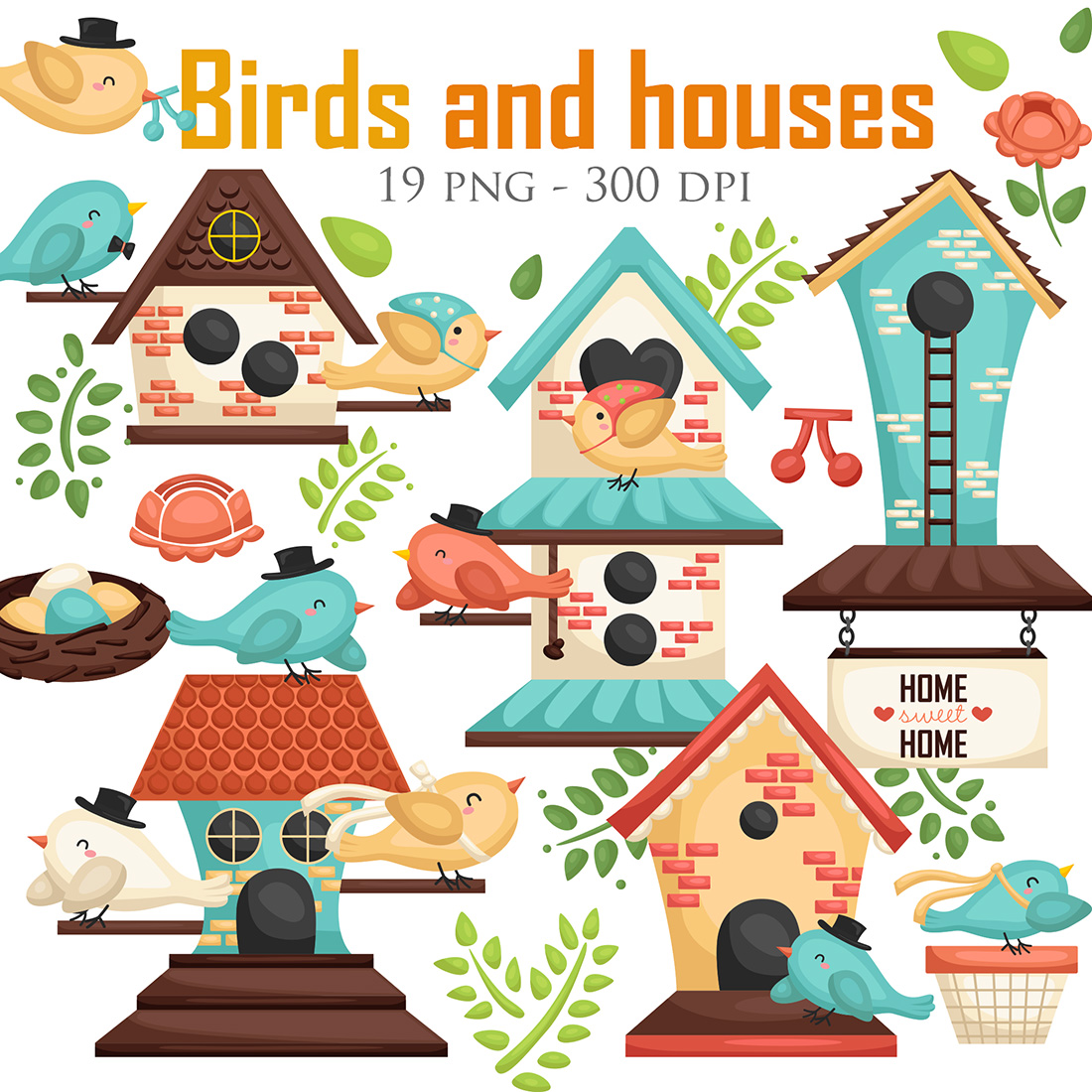 Cute Colorful Animal Bird House Park Garden Outdoor Wooden Design Cartoon Illustration Vector Clipart Sticker Decoration Accessories Ornaments cover image.