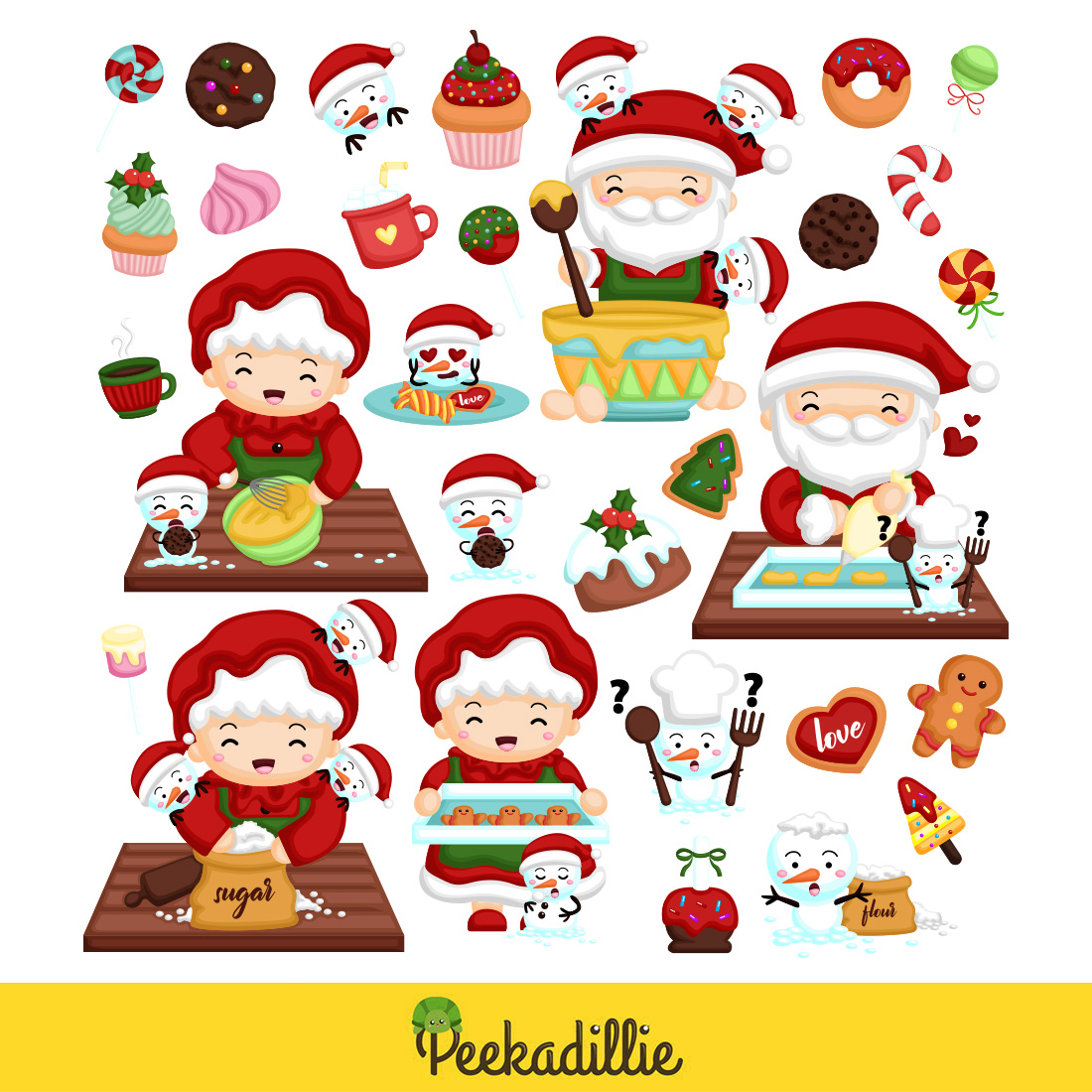 Happy Holiday Christmas Season Santa Claus Snowman Character Baking Cooking with Family Christmas Costume Gingerbread Cookies Candy Cake Cartoon Illustration Vector Clipart Sticker Decoration Background Accessories Ornaments preview image.