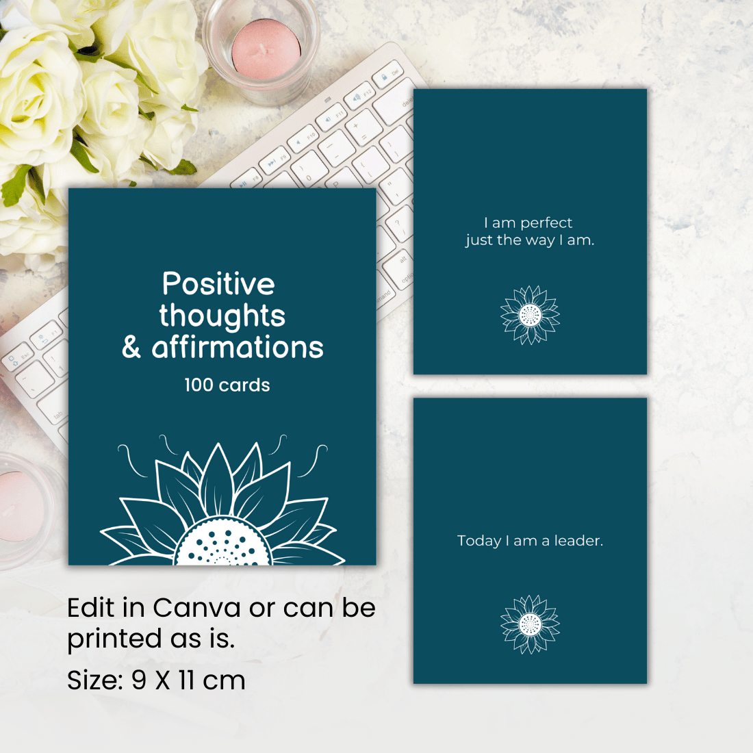 100 positive thoughts & affirmations cards Canva template preview image.