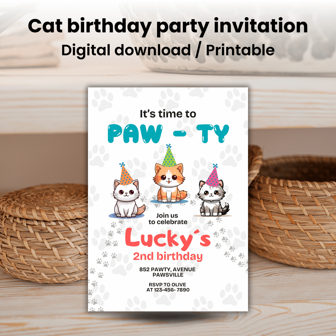 Cat birthday party invitation Canva template preview image.