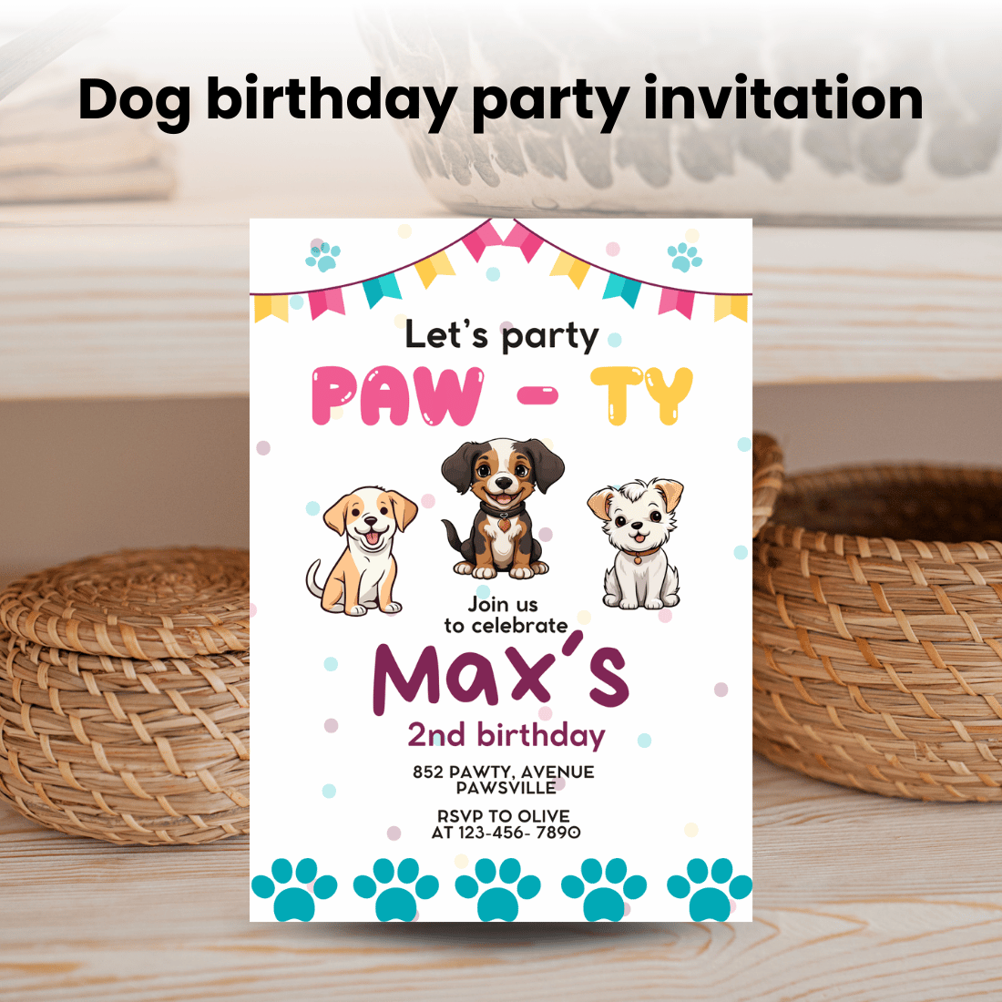 Dog birthday party invitation CANVA Template preview image.