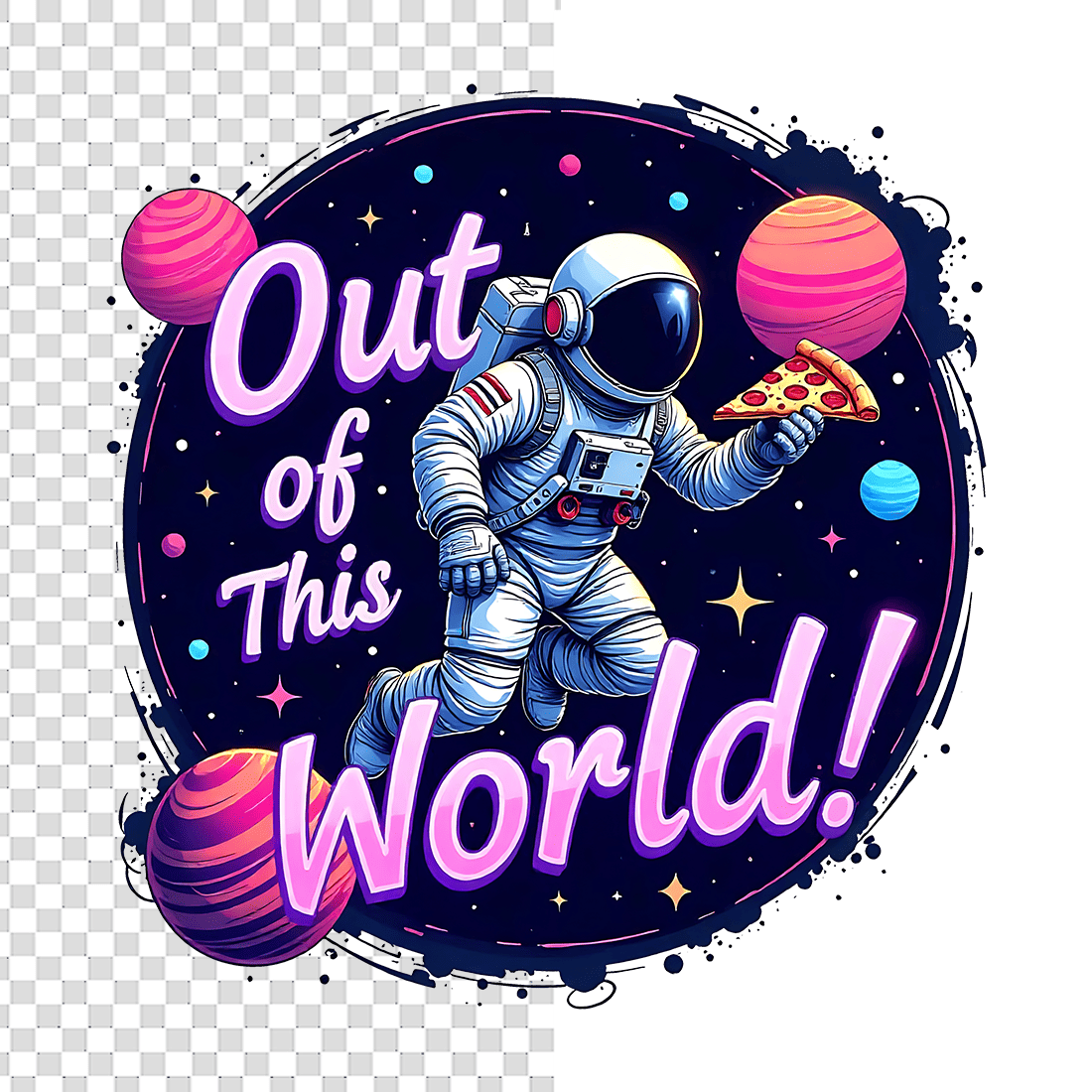 Watercolor Out of This World Text With Pizza T-Shirt Design Bundle preview image.