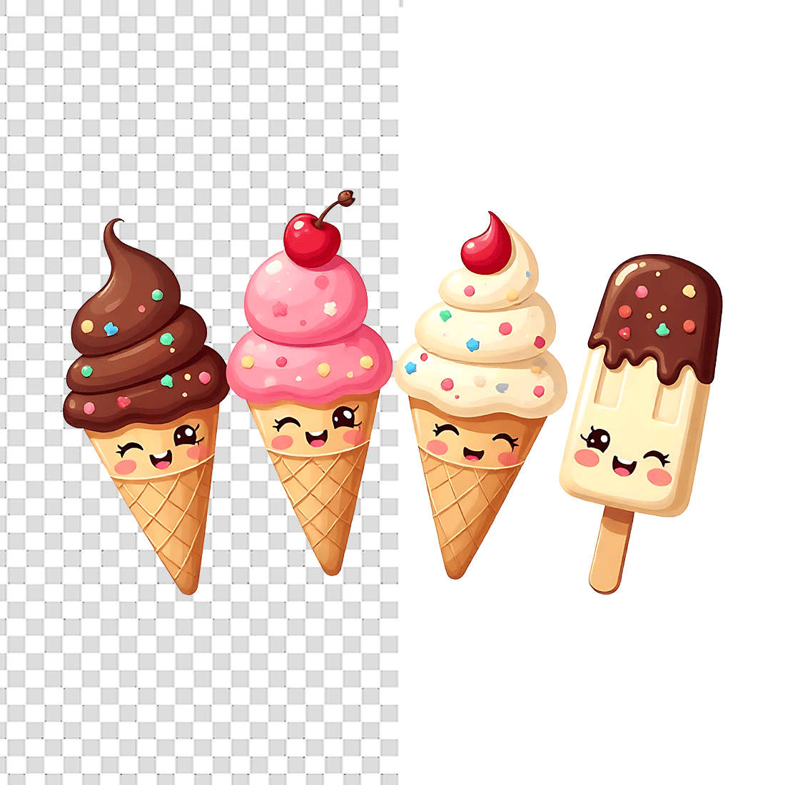 Watercolor Cute Ice Cream Characters Set T-Shirt Design Bundle preview image.