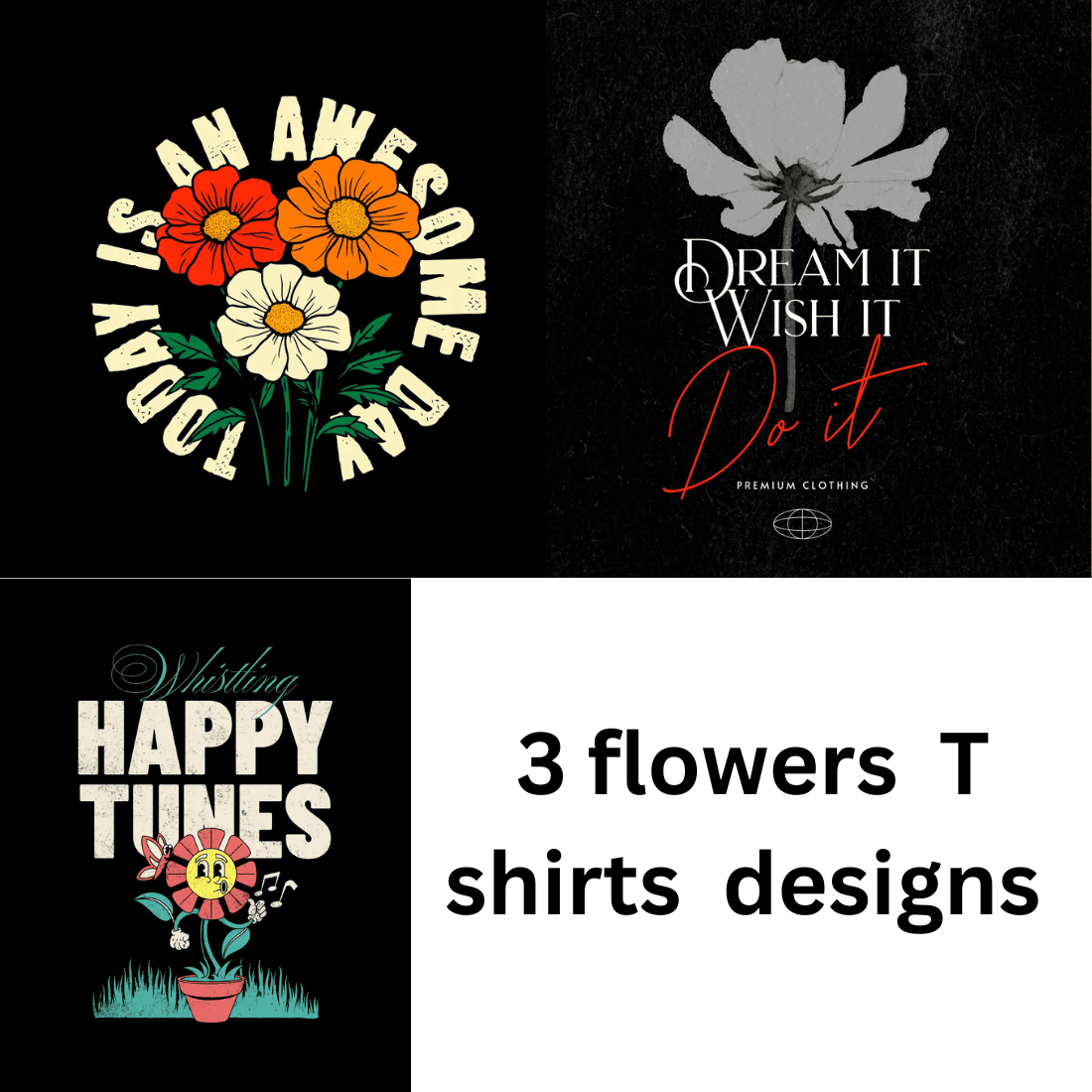 3 flowers T shirts designs preview image.