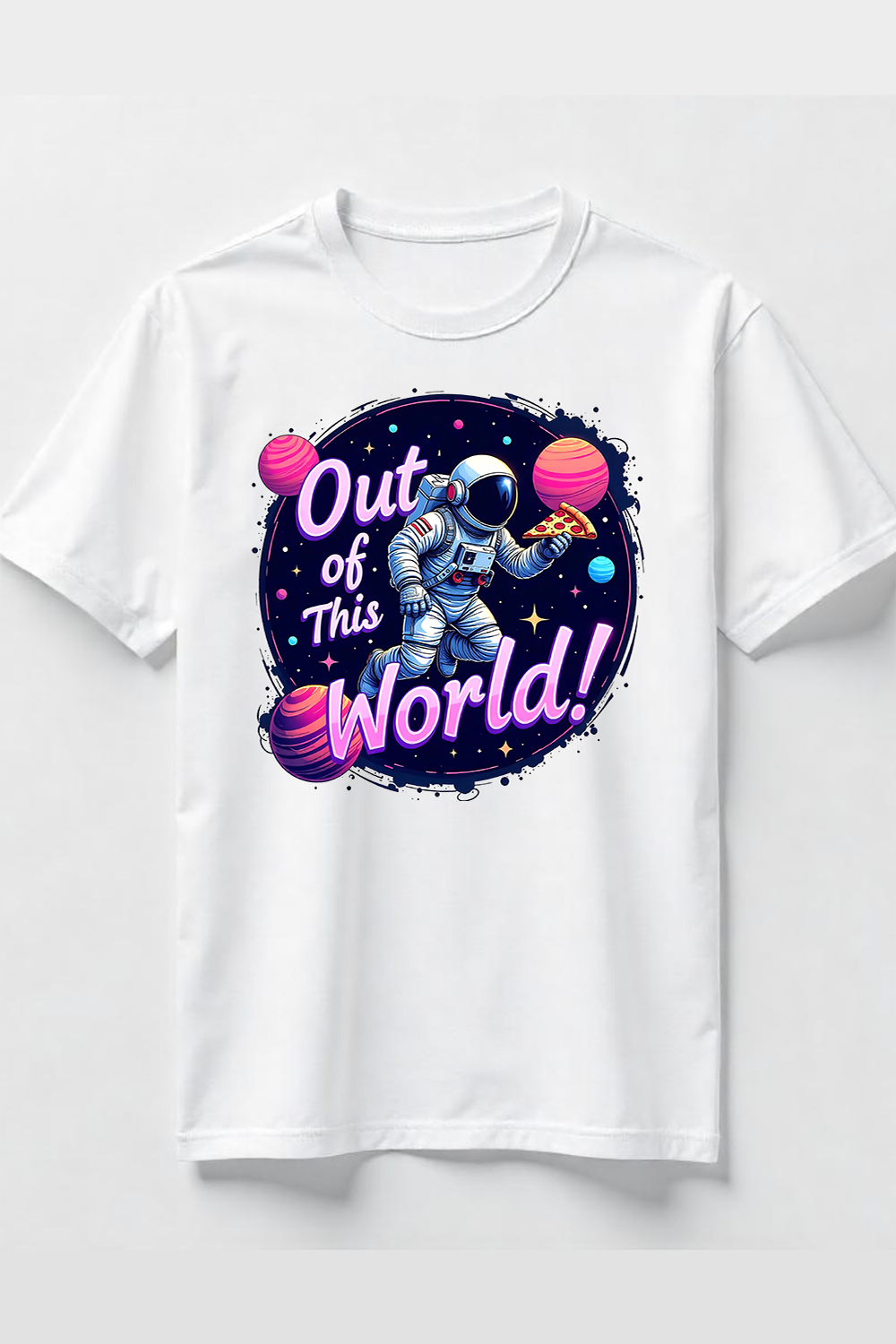 Watercolor Out of This World Text With Pizza T-Shirt Design Bundle pinterest preview image.