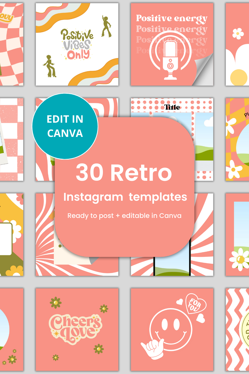 30 Retro Instagram Post Canva templates pinterest preview image.