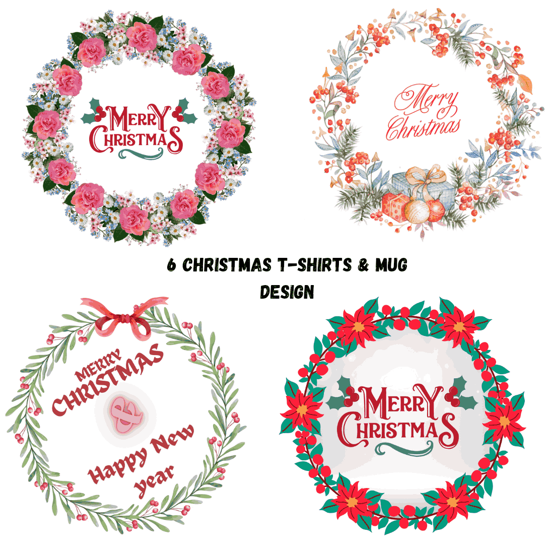 6 Merry Christmas T-shirts & Mug design preview image.