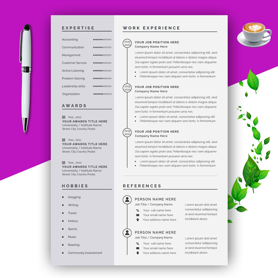 Black And White Resume Template Layout preview image.