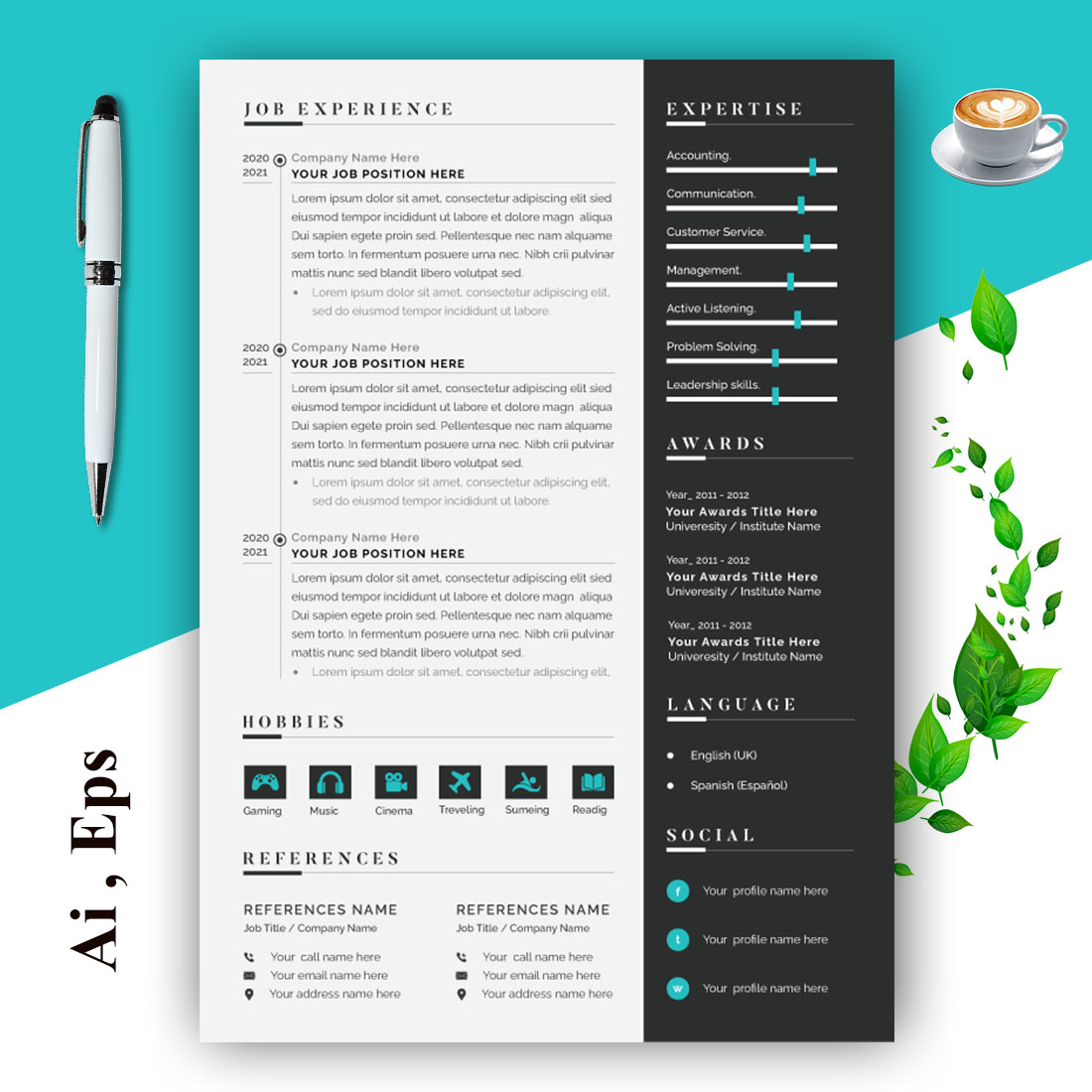 Modern Resume Design Template preview image.