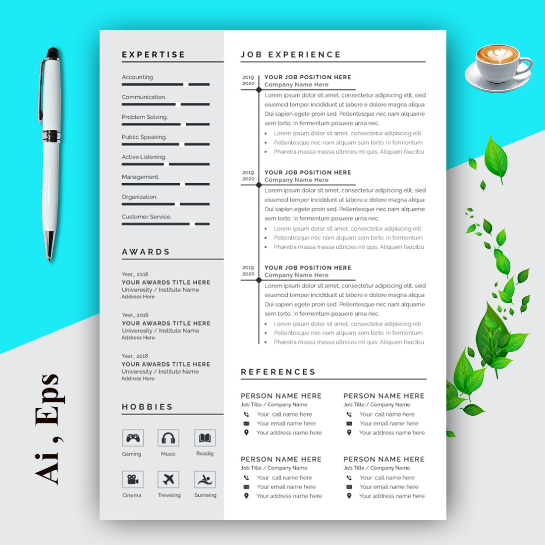 Grey Resume Layouts with CV Leaves preview image.