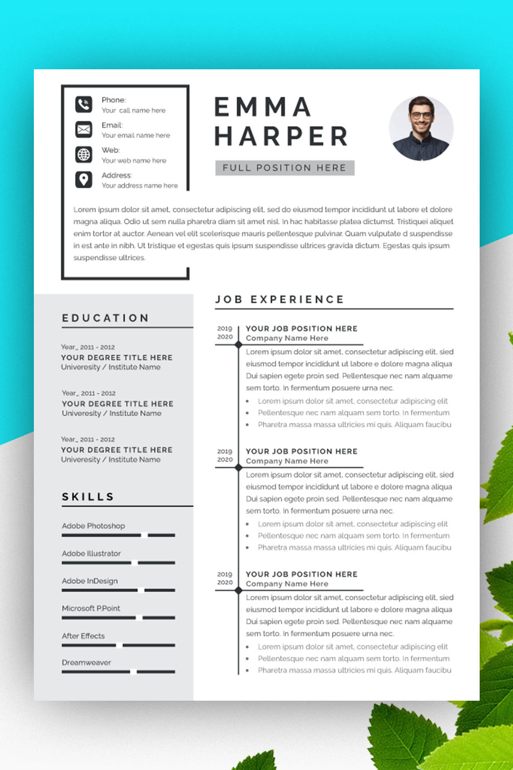 Grey Resume Layouts with CV Leaves pinterest preview image.