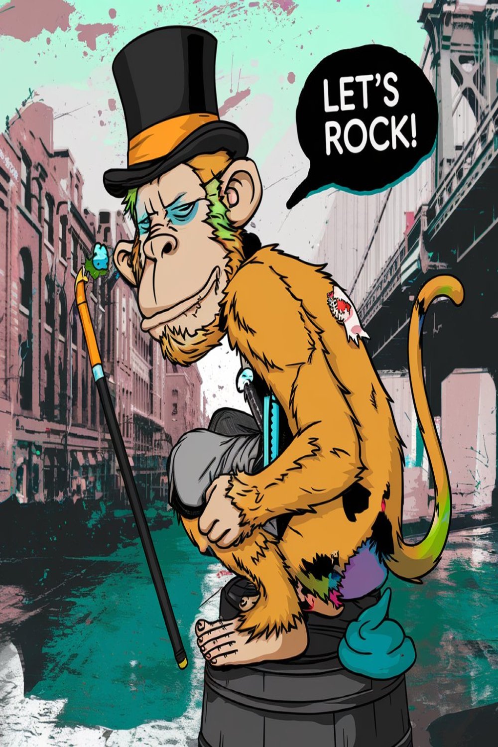 a 2d graffiti style image of a monkey with a top hat and cane 889