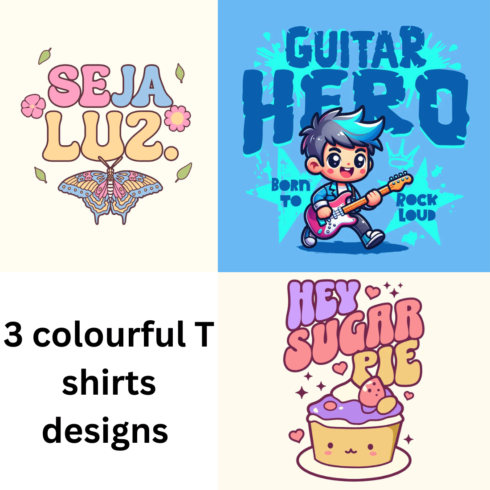 3 colourful T shirts designs cover image.