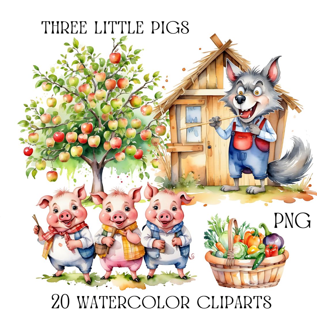 Fairytale Three little pigs and big bad wolf watercolor cliparts bundle preview image.