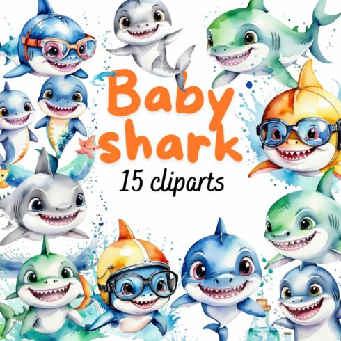 Watercolor baby shark clipart bundle cover image.