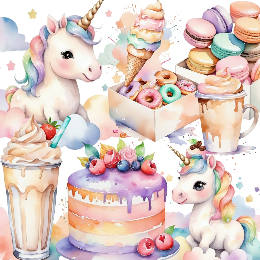 Cute unicorn watercolor party cliparts bundle preview image.